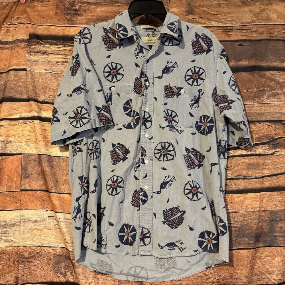 Cotton Brothers Men's Large Short Sleeve Shirt Tribal Tiki Fishing Aloha Print